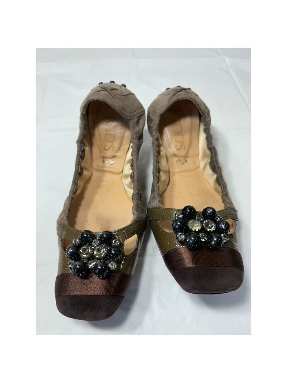 Tod’s Taupe Suede Rhinestone Front Ballet Flats Shoes Size 36 EU 6 US - Picture 11 of 12